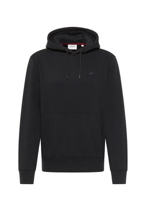 Schwarzer Kapuzenpullover mit einer Kängurutasche vorne, verstellbaren Drawstrings, gerippten Bündchen und einem kleinen gestickten Logo auf der Brust.