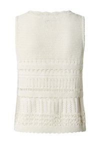 Crèmekleurig mouwloos gebreid vest met verschillende textuurpatronen, waaronder geribd, opengewerkt en met gegolfde randen.