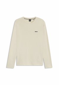 Lange mouwen crèmekleurig gebreid T-shirt van gestructureerde stof, met een ronde hals en een subtiele zwarte "BOSS"-logo op de borst.