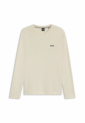 Langärmliges, cremefarbenes Strick-T-Shirt aus strukturiertem Stoff, mit Rundhalsausschnitt und dezentem schwarzen "BOSS"-Logo auf der Brust.