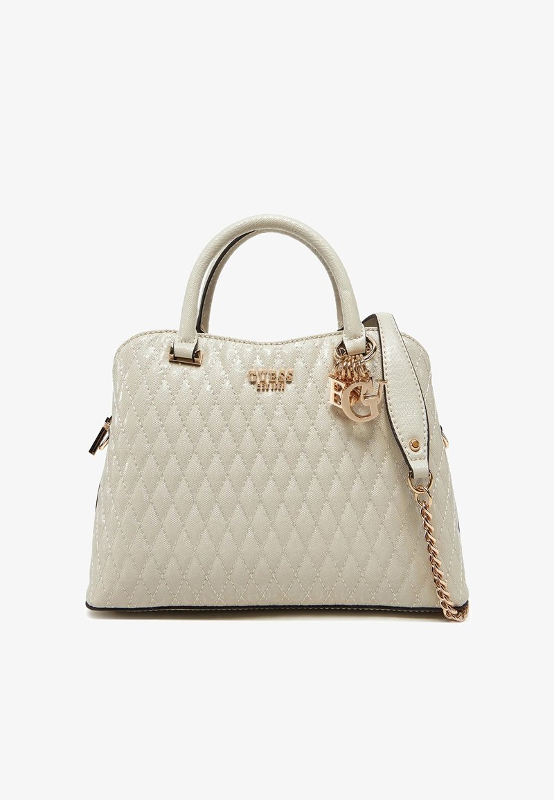 Borsa a tracolla in crema con imbottitura a rombi, dalla forma strutturata, dotata di hardware dorato, manici doppi e una tracolla rimovibile con accento in catena.
