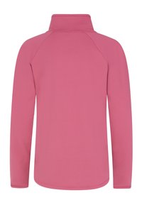 Chemise rose à manches longues avec un col montant, en tissu lisse. Présente des manches raglan et un ourlet droit. Pas de logos ni de motifs visibles.