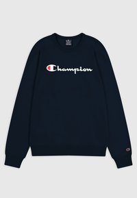 Sudadera de color azul marino hecha de mezcla de algodón, con el logo "Champion" en blanco en el pecho y un pequeño logo en el puño. Corte regular.