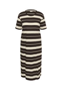 Black and beige horizontally striped short-sleeve midi dress with a round neckline and relaxed fit.