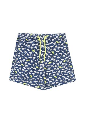 Pantaloncini da bagno blu navy con motivi di squali bianchi e gialli e coulisse gialla in vita elastica.