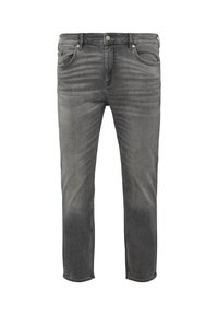 Szare dżinsy o prostym kroju, standardowe kieszenie, zapięcie na guzik z przodu oraz delikatne efekty przetarcia na całej tkaninie.