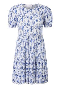 Vestido con estampado floral, mangas cortas abullonadas, escote redondo y dobladillo con volantes. La tela presenta una combinación de colores azul claro y blanco.
