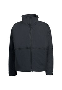 Black lightweight jacket with a high collar, full front zipper, and two horizontal zippered pockets. Features a textured fabric finish.