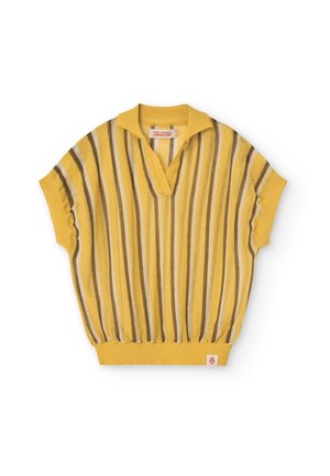 Kortærmet gul striktrøje med lodrette brune og beige striber, V-hals og elastisk talje.