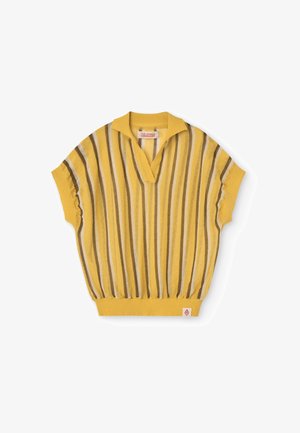 Kortærmet gul striktrøje med lodrette brune og beige striber, V-hals og elastisk talje.