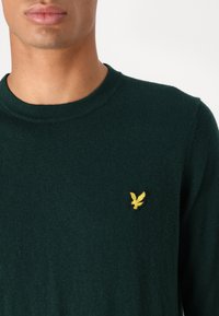 Sweater verde-escuro com decote redondo, apresentando um pequeno logótipo de águia bordado em amarelo no lado esquerdo do peito. Tecido macio e texturizado.