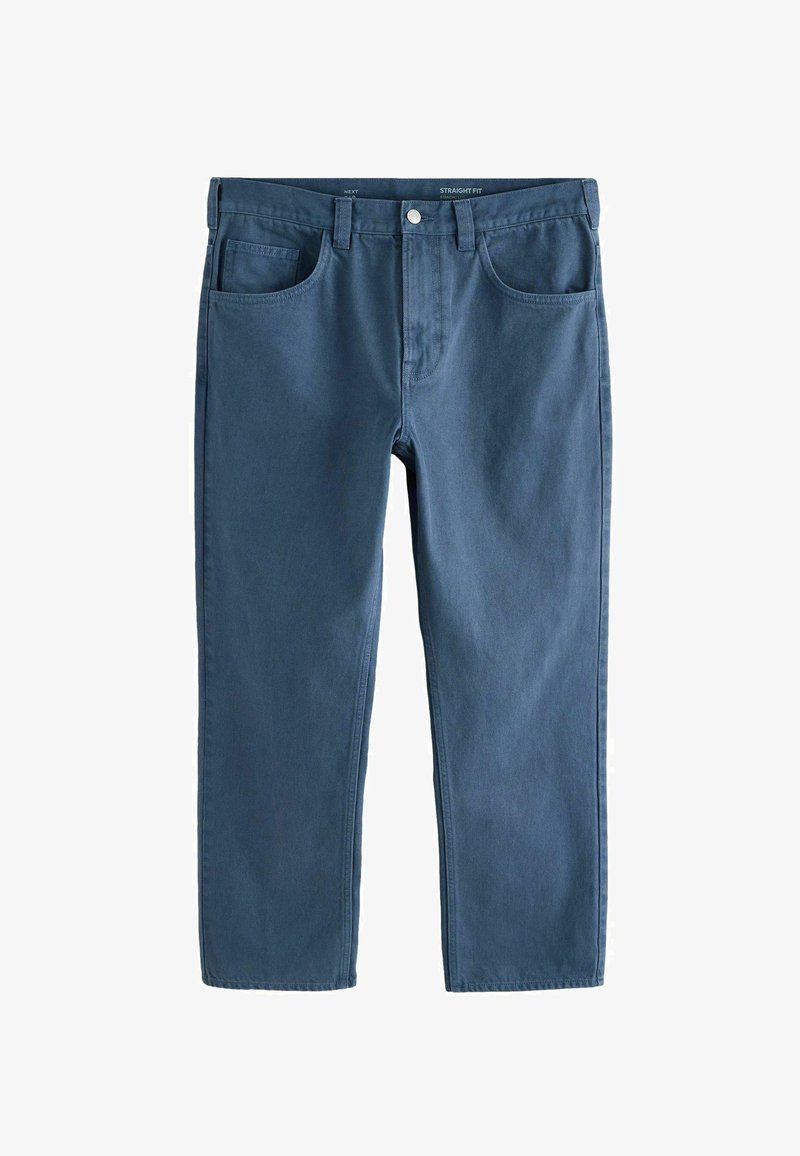 Pantalon décontracté pour homme à coupe droite en bleu uni, avec passants de ceinture, fermeture par bouton, poches avant et poche monnaie, présenté à plat sur fond blanc.