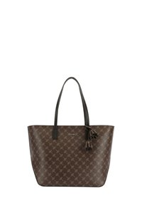 Sac fourre-tout marron en matériau synthétique avec un motif de feuilles répétitif, deux poignées et un accent de pompon décoratif.