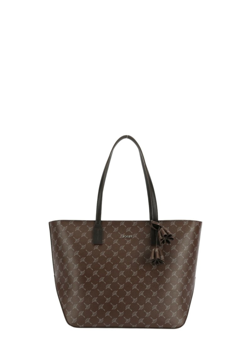 Sac fourre-tout marron en matériau synthétique avec un motif de feuilles répétitif, deux poignées et un accent de pompon décoratif.