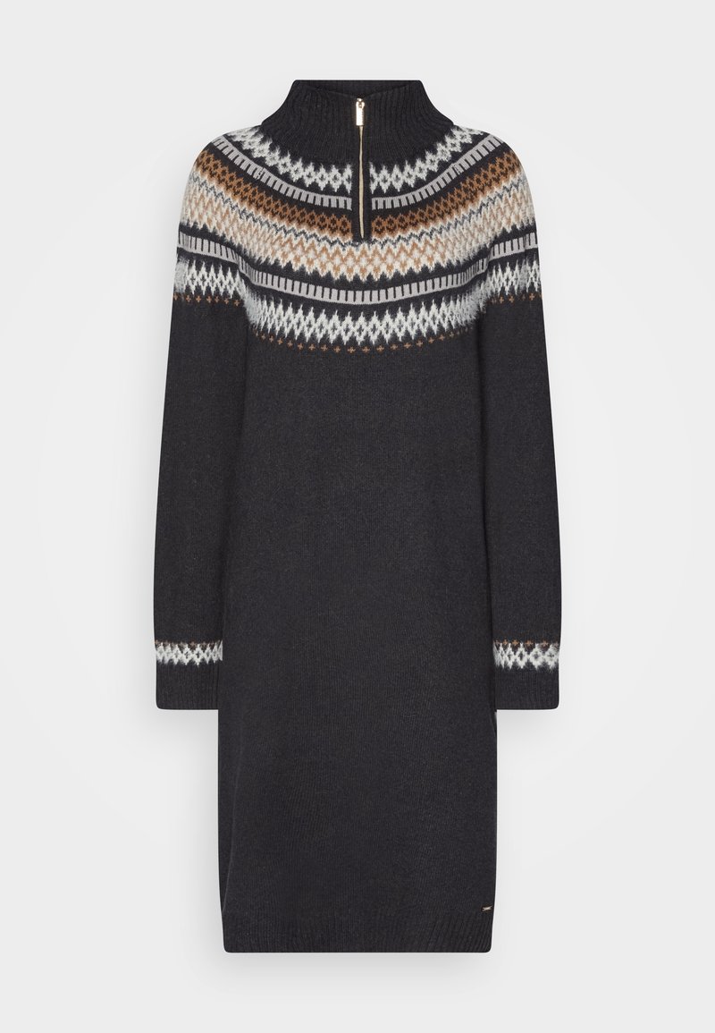 Robe en maille gris foncé à manches longues avec des motifs géométriques marron, blanc et gris sur le plastron et les poignets, et une courte fermeture éclair à l'avant du col.