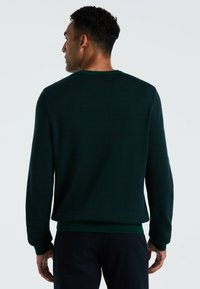 Dunkelgrüner Strickpullover mit strukturiertem Design, rundem Ausschnitt, gerippten Bündchen und Saum. Von hinten getragen, um die Passform und die Nähte zu zeigen.