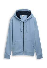 Lichtblauwe zip-up hoodie van zacht materiaal, met een trekkoordcapuchon, voorzakken en geribbelde manchetten voor extra comfort.