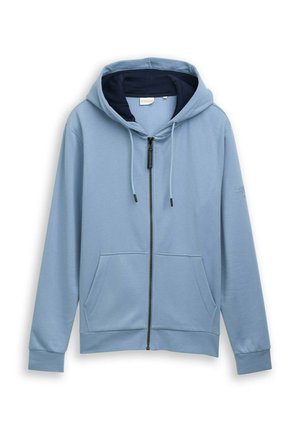 Helleblaue Zip-Hoodie aus weichem Stoff, mit einer Kapuze mit Kordelzug, Fronttaschen und gerippten Bündchen für zusätzlichen Komfort.