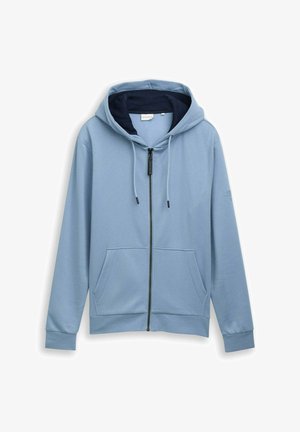 Helleblaue Zip-Hoodie aus weichem Stoff, mit einer Kapuze mit Kordelzug, Fronttaschen und gerippten Bündchen für zusätzlichen Komfort.