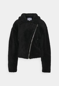 Schwarze, kurz geschnittene Jacke aus weichem, strukturiertem Stoff. Verfügt über einen Kragen, einen asymmetrischen Reißverschluss und lange Ärmel.