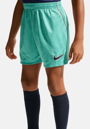 Niño con pantalones cortos deportivos turquesa con un patrón sutil, calcetines azul marino y un pequeño logo bordado de Nike en la pierna izquierda del pantalón corto.
