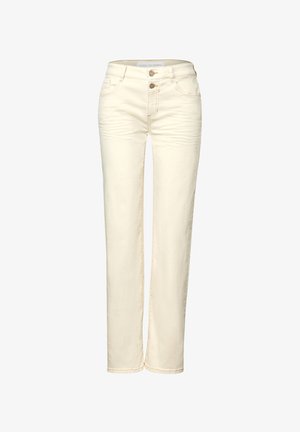 Vaqueros de pierna recta color crema con una textura suave, cierre de dos botones y un sutil detalle de costura en los bolsillos.