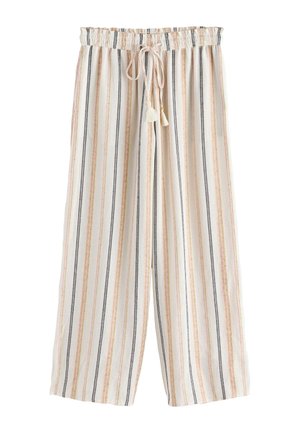 Pantalones blancos de corte ancho con rayas verticales en rosa, beige y negro, cintura elástica y cordón rosa con borlas.
