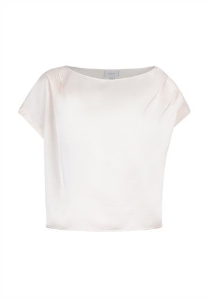 Korte mouwen, off-white top van een gladde stof. Heeft een brede halslijn en zachte draping over de schouders. Geen zichtbare sluitingen.