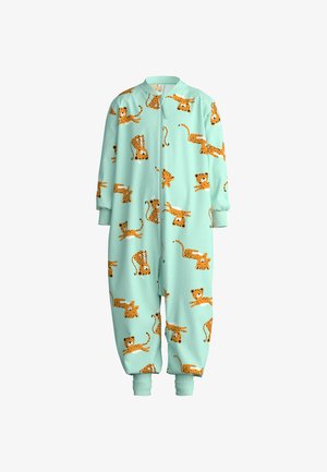 Tuta intera per bambini di colore celeste chiaro con zip frontale e stampa di un ghepardo cartone animato arancione su tutta la superficie.