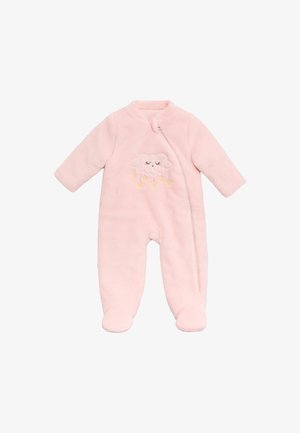 Monosie de bebé de felpa rosa con manga larga, cierre de cremallera en la parte delantera y bordado de nubes con estrellas. Cuenta con pies cerrados para mayor calor. Textura suave.