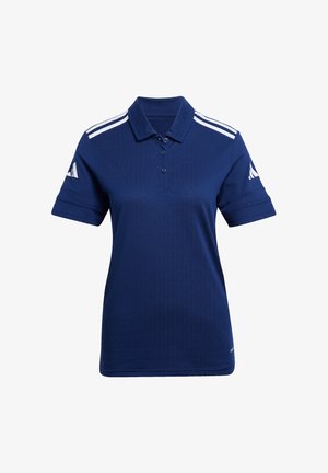 Navyblaue Poloshirt aus strukturiertem Stoff, mit einer Drei-Knopf-Leiste und weißen Streifen an den Schultern. Mit Adidas-Logo auf den Ärmeln.