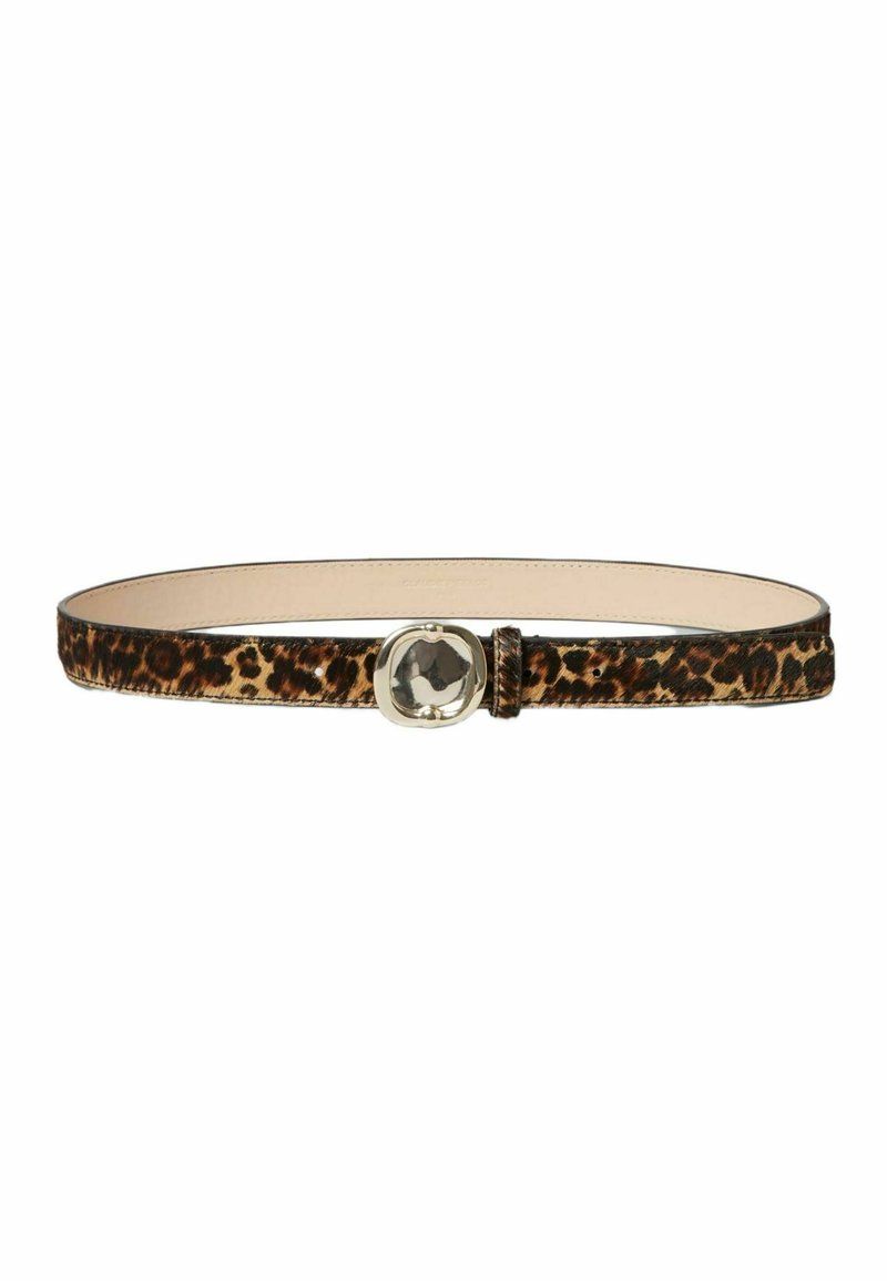 Cintura in pelle con stampa leopardata, dotata di una fibbia rotonda in tonalità argento e una fodera interna liscia. Design piatto e stretto con un motivo testurizzato.