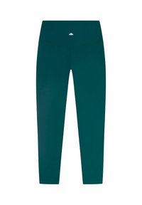 Ciemnozielone legginsy wysokiej talii o pełnej długości z małym białym logo umieszczonym na środku pasa.