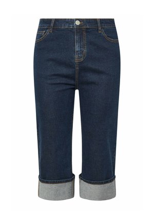 Dunkelblaue Denim-Capri-Jeans mit umgeschlagenen Säumen, ausgestattet mit einem Frontknopfverschluss, zwei Vorderaschen und kontrastierenden gelben Steppnähten.