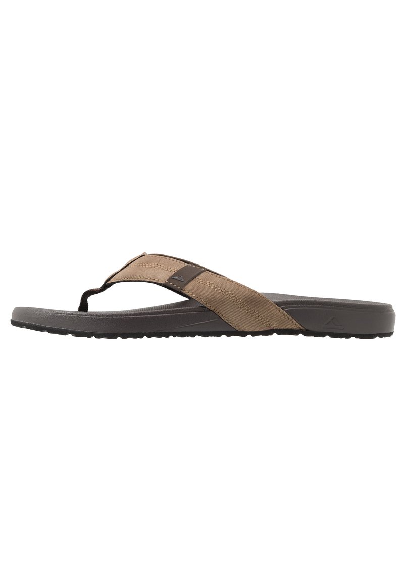 Des tongs marron en caoutchouc avec des sangles en textile, présentant un design avec séparateur d'orteils et une semelle texturée pour une meilleure adhérence.