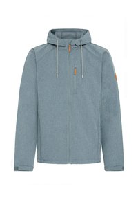 Svetlo modra zip-up jakna s kapuco, ki se ponaša z teksturirano tkanino, kontrastnimi vrvicami in rjavimi usnjenimi detajli na zipih in rokavih.