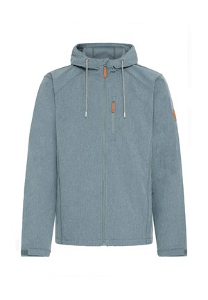 Helehelesin sinine lukuga jakki kapuutsiga, millel on tekstuurne kangas, kontrastsed nöörid ja pruun nahkdetailid lukudel ja varrukatel.