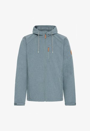 Hellblaues Zip-Up-Jacket mit Kapuze, ausgestattet mit einem strukturierten Stoff, kontrastierenden Kordeln und braunen Lederdetails an den Reißverschlüssen und Ärmeln.