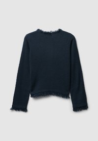 Navy blue cropped sweater with textured knit fabric. Features fringed hems and a round neckline. Long sleeves with fringed cuffs.