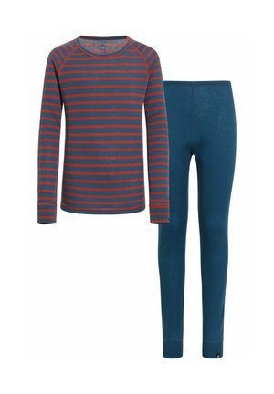 Gestreiftes Langarmoberteil in Blau mit roten Streifen, kombiniert mit passender blauer Leggings. Beide Teile zeichnen sich durch eine weiche Textur und ein figurnahes Design aus.