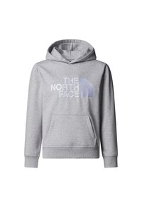 Hanorac gri cu buzunar frontal, cu logo-ul "THE NORTH FACE" în gri deschis și albastru. Material moale, manșete și tiv striate.