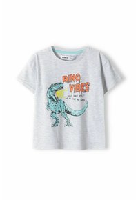 Šedé tričko s krátkým rukávem s grafikou tyrkysového dinosaura a textem "DINO VIBES" v oranžové barvě. Měkký bavlněný materiál.