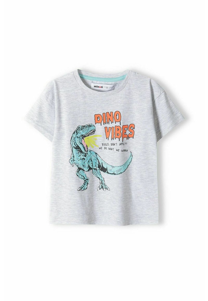 Grå T-shirt med korte ærmer med et grafisk motiv af en turkis dinosaur og teksten "DINO VIBES" i orange. Blødt bomuldsstof.