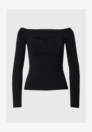 Schwarzes Langarmoberteil mit schulterfreiem Design, gerippter Textur und einem dezenten Rundhalsausschnitt. Glattes Material, taillierte Silhouette.