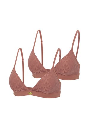 Zwei braune, gepolsterte Bralette-Oberteile mit verstellbaren Trägern und dezenten strukturierten Mustern, mit einem kleinen neon-grünen Adidas-Logo am Bund.