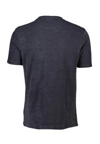 Czarnoszary, krótki t-shirt z gładką fakturą i okrągłym dekoltem. Prosty, jednolity design bez widocznych logo czy wzorów.