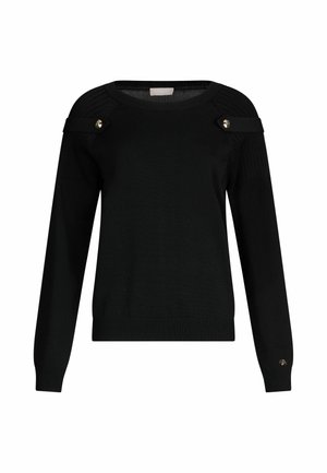 Black knitted sweater featuring ribbed shoulder accents, gold button details, long sleeves, and a crew neck design.