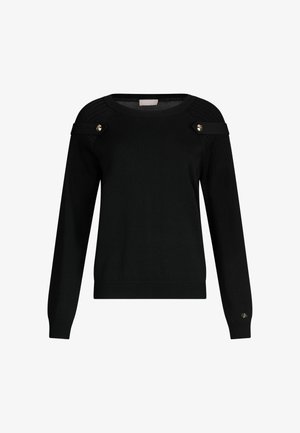 Czarny dziany sweter z akcentami na ramionach w prążki, złotymi guzikami, długimi rękawami oraz okrągłym dekoltem.