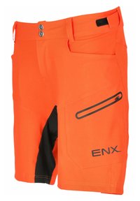 Oranga utomhussorts med svarta accenter, med en ficka på sidan med dragkedja och knappstängning. Tillverkade av lätt, hållbart material.