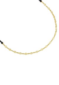 Auksinis grandinėlės kaklo papuošalas su pakaitiniu ovalių ir susuktų žiedų raštu, užsegamas juodu reguliuojamu virvute.